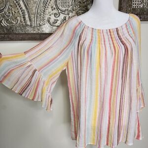 Spense Multicolor Pastel Striped Lightweight Oversized Cottagecore Flowy Top XL